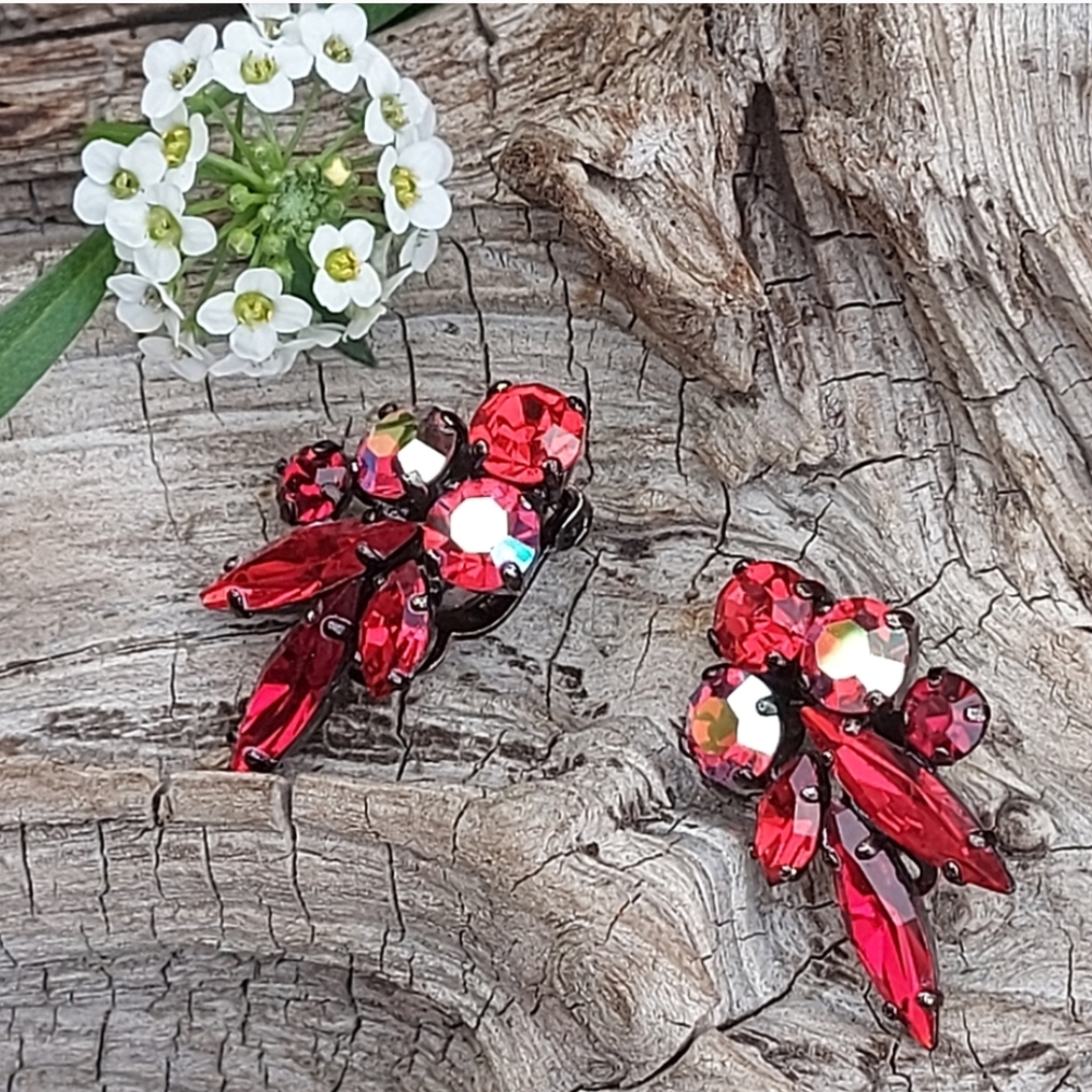 Investment Grade Rare Signed Sherman Siam Red and AB Noir Japanned Earrings